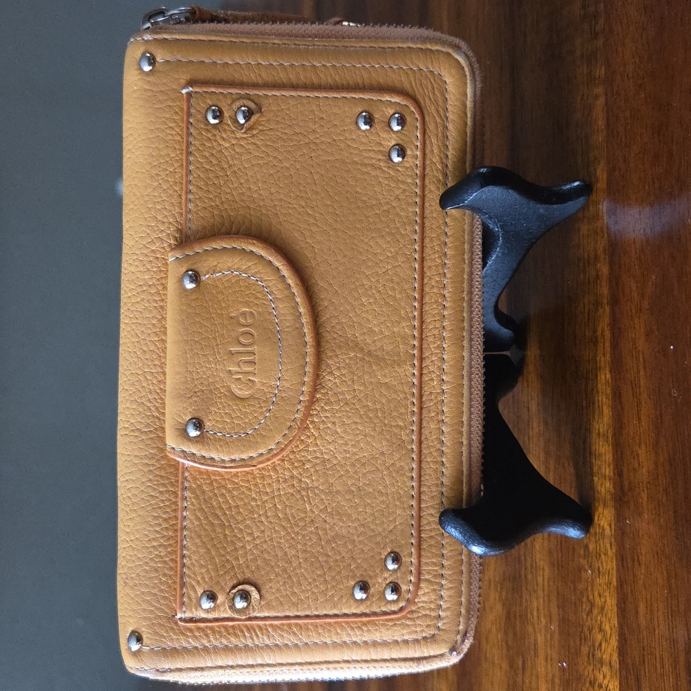 Chloé Tan Leather Studded Zip Wallet